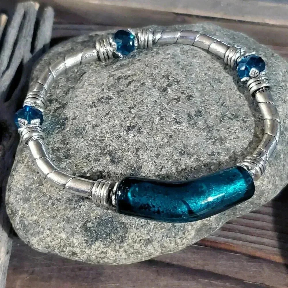 Handcrafted Edgy Silver Teal Green Foil Glass Metal and Crystal Stretch Bracelet